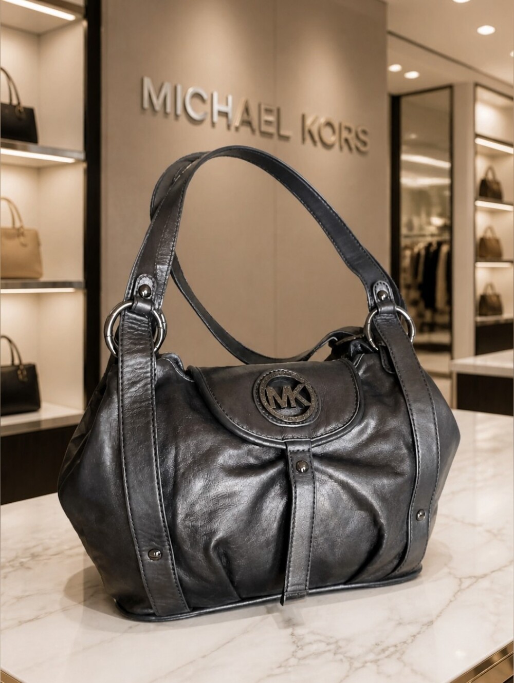 Michael Kors Large Fulton Gunmetal Leather Shoulder Hobo Bag